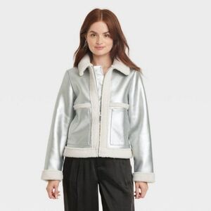 Womens Metallic Sherling Moto Coat Size XL